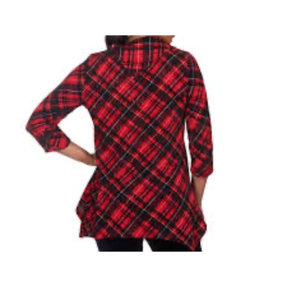 Ruby Rd Petite Medium Red & Black Plaid Cowl Neck Asymmetrical Hem Top  NWT - Picture 3 of 7